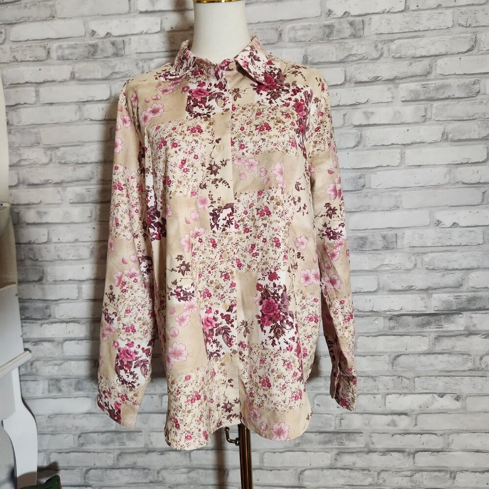 Vintage Lemon Grass Cherry Blossom Faux Suede Button Up Shirt